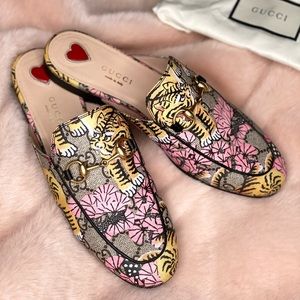Gucci Multicolor GG Supreme Canvas Princetown Bengal Tiger Mules Flats Size 36.5